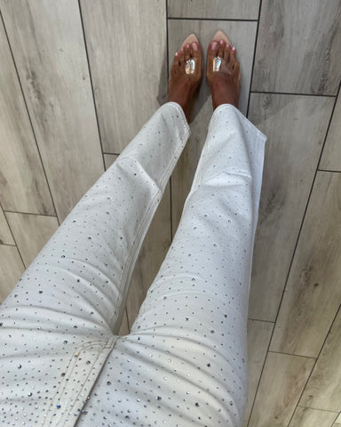 Jeans Straight White Strass