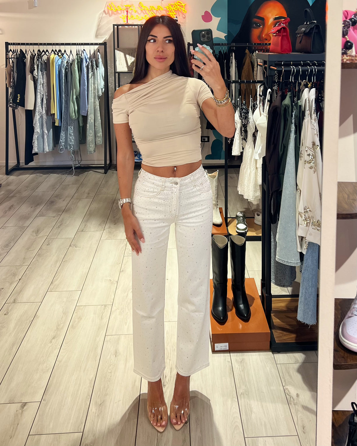 Jeans Straight White Strass